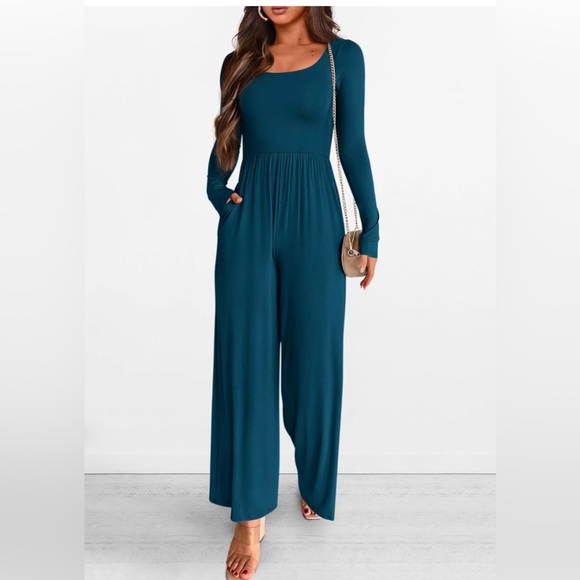 Teal Long Sleeve Wide Leg Jumpsuit NWT - Picture 2 of 7